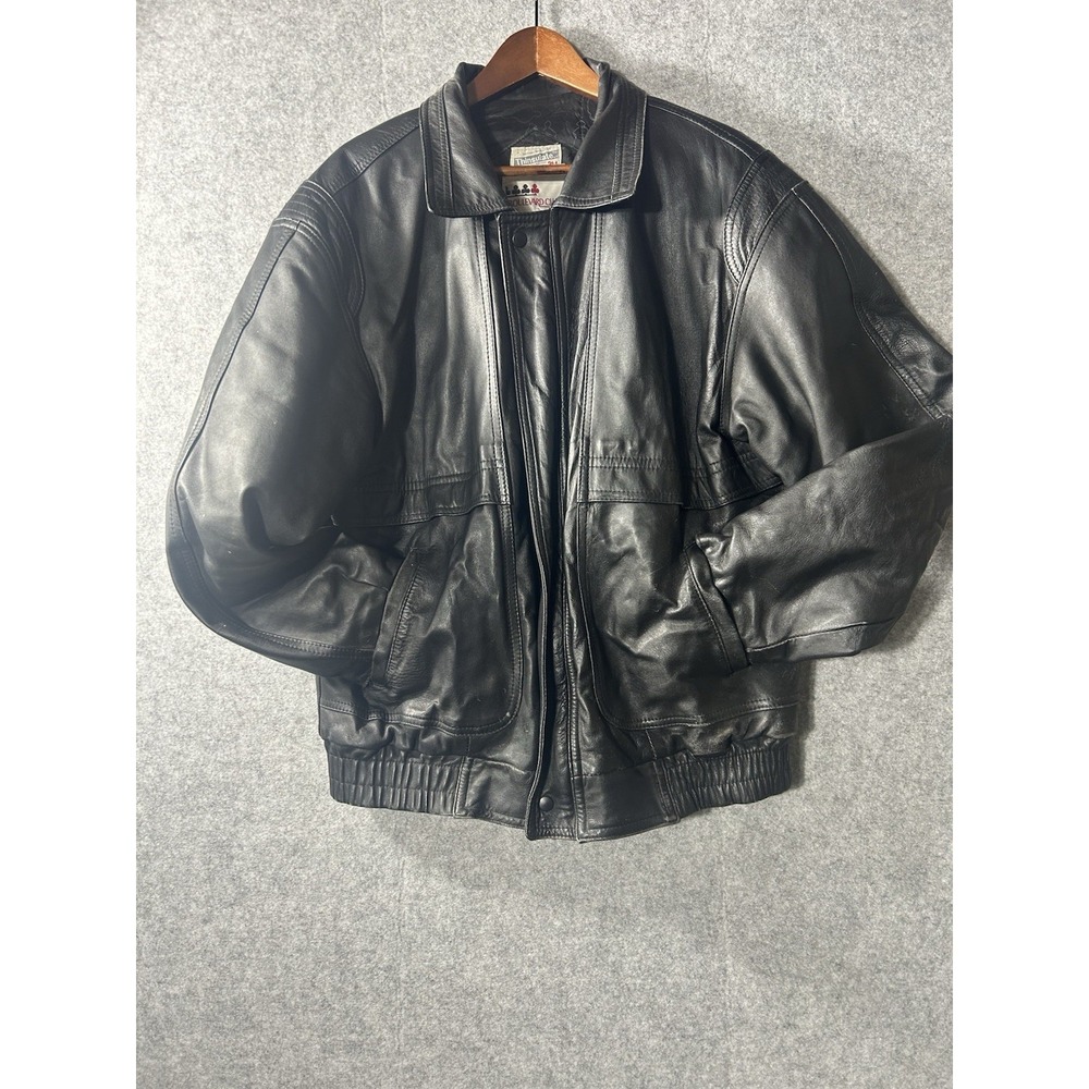 VTG Boulevard Club Black Leather Bomber Jacket 3M Thinsulate Mens 44 L 90s Prep